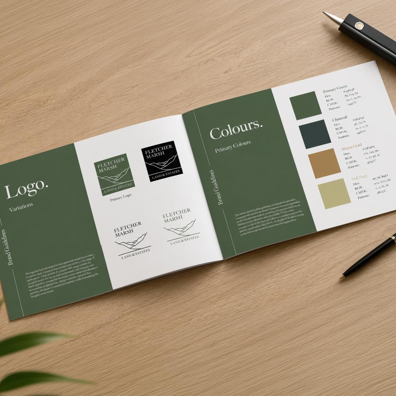 Brand guidelines created for a land and commercial property business, including logos, colour palette and typography.